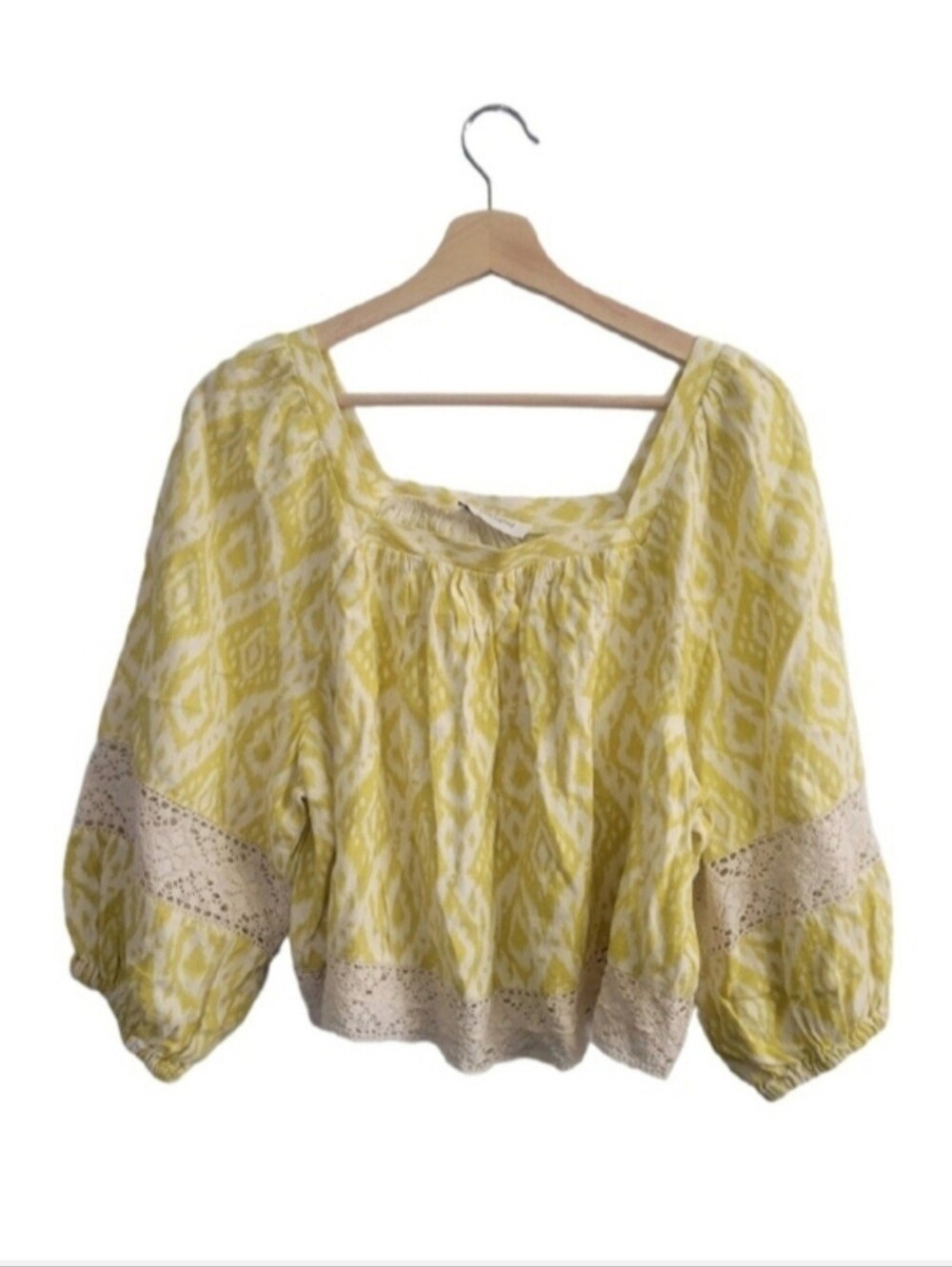 CALLIGRAPHIE Ikat Crochet-Trim Size S/M Yellow Peasant Blouse Linen Blend Boho